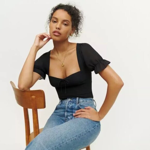 Reformation Tops - Reformation | Delevan Short Puff Sleeve in Black US 2 $148